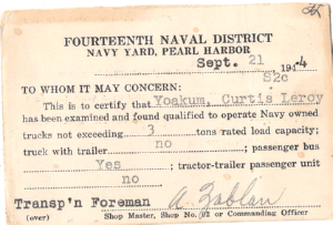 1944 Fourteenth Naval District Pearl Harbor Truck Driver License