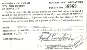 1945 Territory of Hawaii City and County of Honolulu Non Resident Operators License