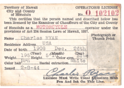1944 Territory of Hawaii Motorcycle License