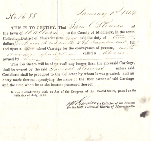 1797 Leominster Registration for a 1 Horse Chaise Two Wheel Carriage