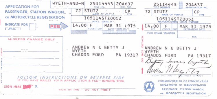 Andrew Wyeth 1975 Registration for a Stutz