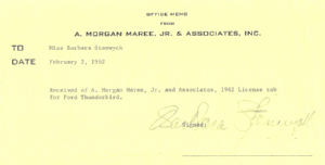 Barbara Stanwyck Signature for Receiving 1962 License Tab for Ford Thunderbolt