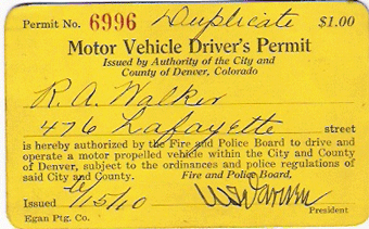 1910 Motor Vehicle Drivers Permit