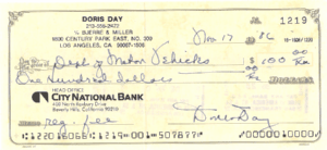 Doris Day 1986 Check to Dept of Motor Vehicles