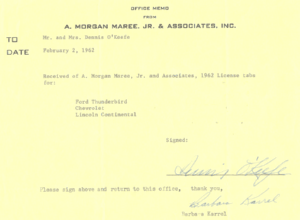 Dennis O'Keefe Signature for Receiving 1962 Tabs for Ford Thunderbird Chevrolet and Lincoln Continental
