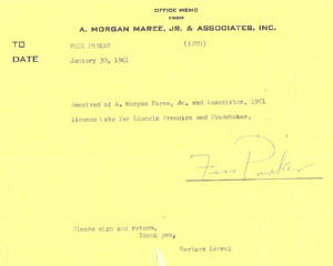 Fess Parker Signature for Receiving 1961 License Tabs for Lincoln Premiere and Studebaker