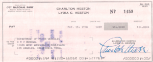 Charlton Heston 1978 Check to Department of Motor Vehicles