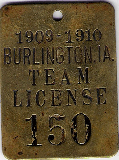 1909/10 Team License Burlington Iowa