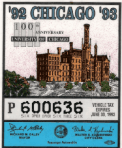 1992/93 Chicago Vehicle Tax University of Chicago 100th Anniversary