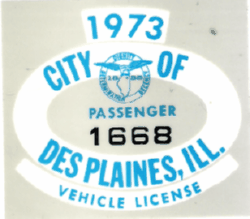 1973 City of Des Plaines Passenger Vehicle License