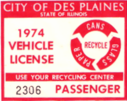 1974 City of Des Plaines Passenger Vehicle License Recycle