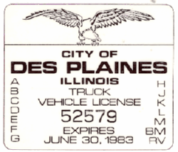 1982/83 City of Des Plaines Passenger Vehicle License