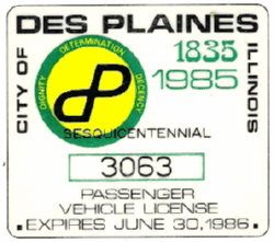 1985/86 Des Plaines Passenger Vehicle License Sesquicentennial