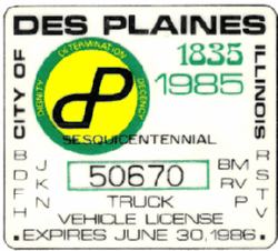 1985/86 Des Plaines Truck Vehicle License Sesquicentennial
