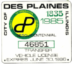 1985/86 Des Plaines Transfer Vehicle License Sesquicentennial