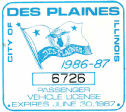 1986/87 Des Plaines Passenger Vehicle License