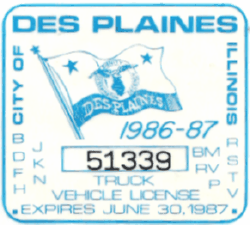 1986/87 Des Plaines Transfer Vehicle License