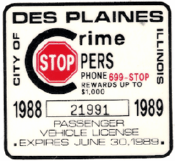1988/89 Des Plaines Passenger Vehicle License