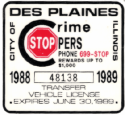 1988/89 Des Plaines Transfer Vehicle License