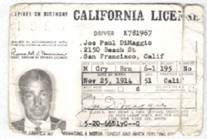 Joe DiMaggio 1968 California Driver License