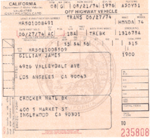 Junior Gilliam L.A. Dodgers 1974 Honda Registration