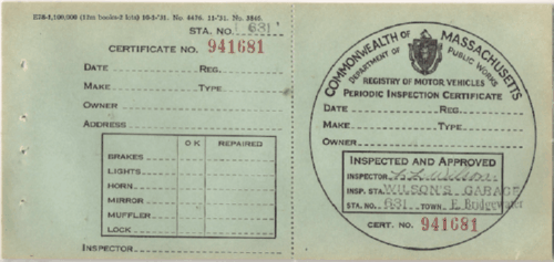 1931 Mass Inspection Certificate Wilson's Garage