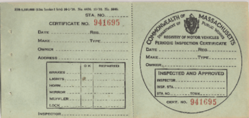 1931 Mass Inspection Certificate Unused