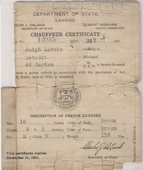 1921 Michigan Chauffeur Certificate