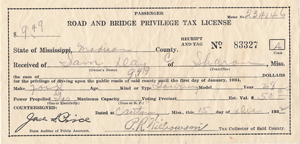 1922 Mississippi Road and Bridge Privilege Tax License