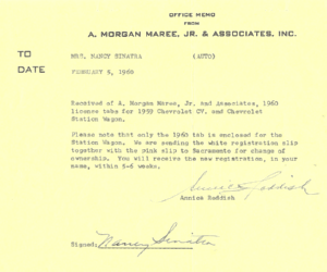 Nancy Sinatra Signature for Receiving 1960 License Tabs for 1959 Chevrolet CV and Chevrolet Station Wagon