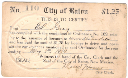 1913/1914 Raton Driver License Ed Grey