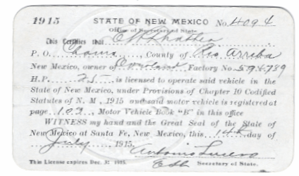 1915 Driver License E. W. Thacher Chama N.M. Overland Car