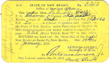 1916 Owner/Driver License H. R. DeYapp Chama N.M. Ford Car