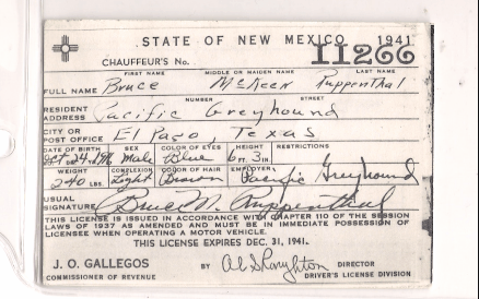 1941 Chauffeur License Bruce McKeen Ruppenthal Pacific Greyhound El Paso Texas