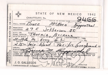 1942 Chauffeur License Bruce McKeen Ruppenthal 29 E. Jefferson St. Phoenix Arizona