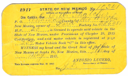 1917 Owner/Driver License E. W. Thacher Chama N.M. Ford