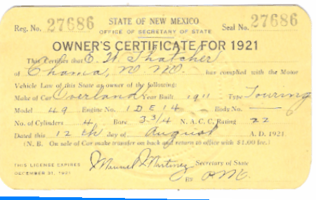 1921 Overland Touring Registration E. W. Thacher Chama N.M.