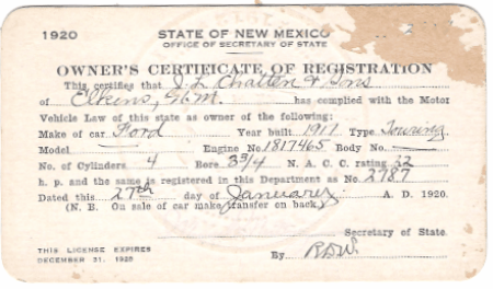 1920 Ford Registration J. L. Chatten and Sons Elkins N.M.