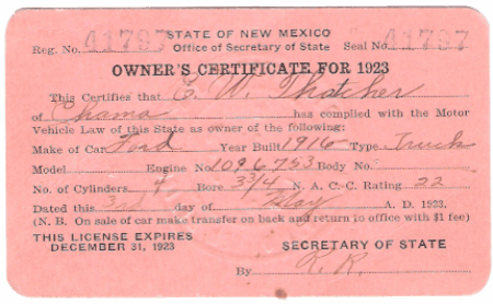 1923 Ford Registration E. W. Thatcher Chama N.M.