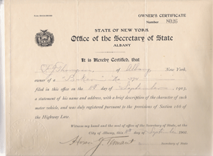 1903 New York Registration F.G. Thompson Albany New York Owner of a Broken