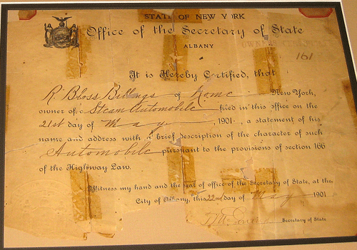 1901 New York Registration Owners Certificate 161 R. Blos Billings Rome NY Steam Automobile