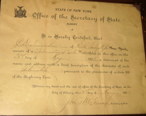 1902 New York Registration J.D. Snedeker Perth Amboy International Auto