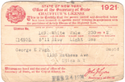 George E. Pugh 1921 Chauffeur License front