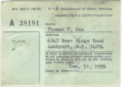 Thomas Vas MV Inspector Certificate 1976 front