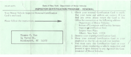 Thomas Vas MV Inspector Certificate