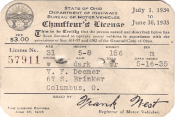 V.F. Deemer Columbus Ohio Chauffeur License