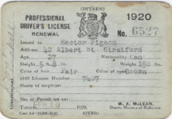 1920 Ontario Professional Driver's License