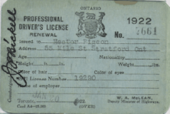 1922 Ontario Professional Driver's License