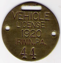 1920 Irwin Pennsylvania Vehicle License