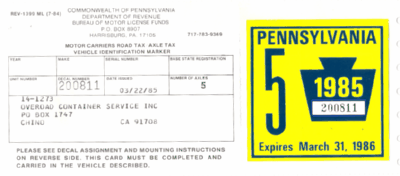 1985 Truck Pennsylvania windshield sticker
